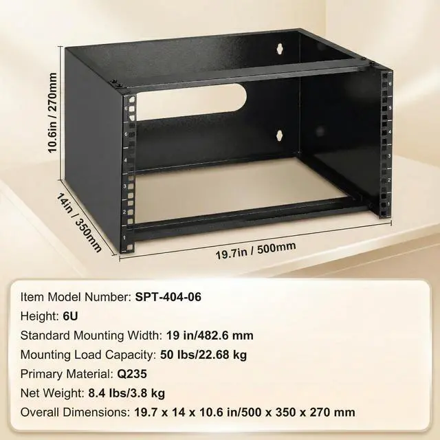 Alt view image 2 of 7 - 6U Wall Mount Network Rack - Open Frame Server Rack, 19-inch 2-Post IT Equipment Rack for Switches/Patch Panels, 14" Depth, 50lbs Load Capacity, Q235 Steel, Pre-Assembled (Black)