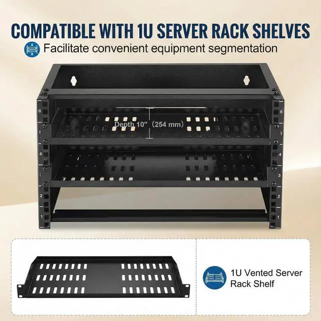 Alt view image 6 of 7 - 6U Wall Mount Network Rack - Open Frame Server Rack, 19-inch 2-Post IT Equipment Rack for Switches/Patch Panels, 14" Depth, 50lbs Load Capacity, Q235 Steel, Pre-Assembled (Black)
