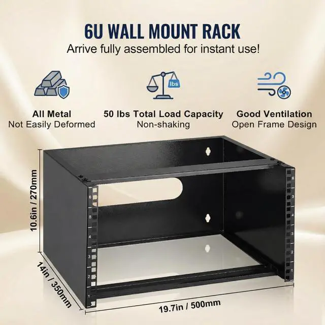 Alt view image 3 of 7 - 6U Wall Mount Network Rack - Open Frame Server Rack, 19-inch 2-Post IT Equipment Rack for Switches/Patch Panels, 14" Depth, 50lbs Load Capacity, Q235 Steel, Pre-Assembled (Black)