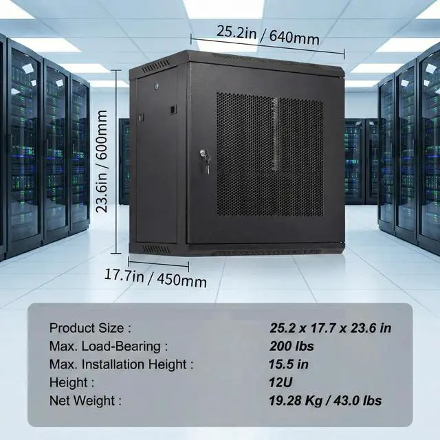 Alt view image 4 of 7 - 12U Wall Mount Server Rack Cabinet, 19" Network Enclosure with Locking Vented Mesh Door, 15.5" Deep IT Equipment Rack, High Airflow Design, 200 lbs Load Capacity for Home Lab, Switch, and Audio/Video