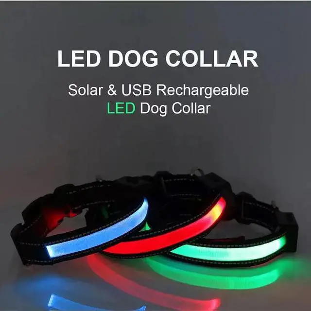 Main image of Solar & USB Rechargeable LED Lighting Dog Collar for Outdoor Safety Medium Green