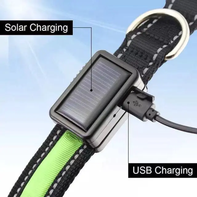 Alt view image 6 of 7 - Solar & USB Rechargeable LED Lighting Dog Collar for Outdoor Safety Medium Green