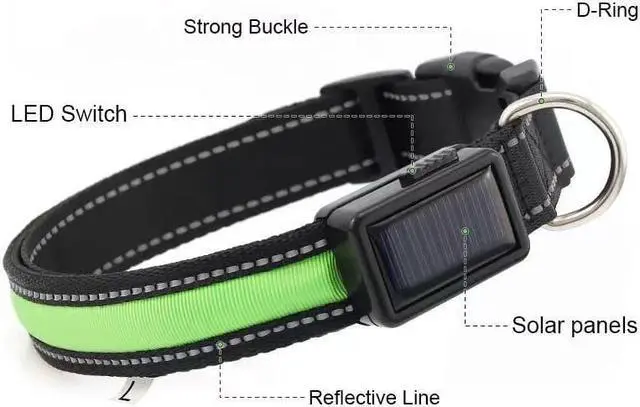 Alt view image 7 of 7 - Solar & USB Rechargeable LED Lighting Dog Collar for Outdoor Safety Medium Green