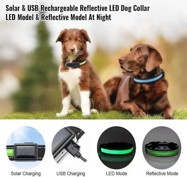 Alt view image 5 of 7 - Solar & USB Rechargeable LED Lighting Dog Collar for Outdoor Safety Medium Green