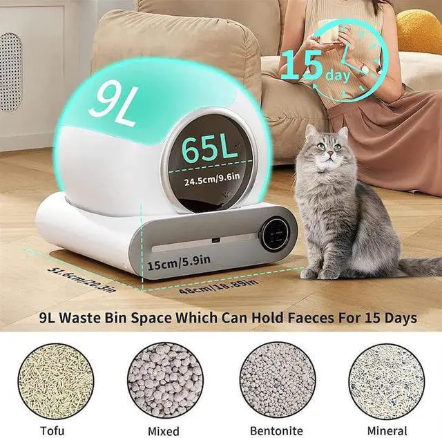 Alt view image 7 of 7 - Smart Self-Cleaning Cat Litter Box,Automatic Cat Litter Cleaning Robot with 65L+9L Large Capacity/APP Control/Ionic Deodorizer for Multiple Cats