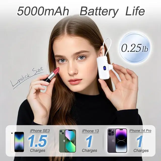 Alt view image 2 of 7 - Mini Portable Charger for iPhone, 5000mAh Power Bank, Dual Charging with USB C Cable, LED Display Battery Pack, Backup Charger, Travel Essentials compatible With iPhone 14 /13/12/11 series & Android