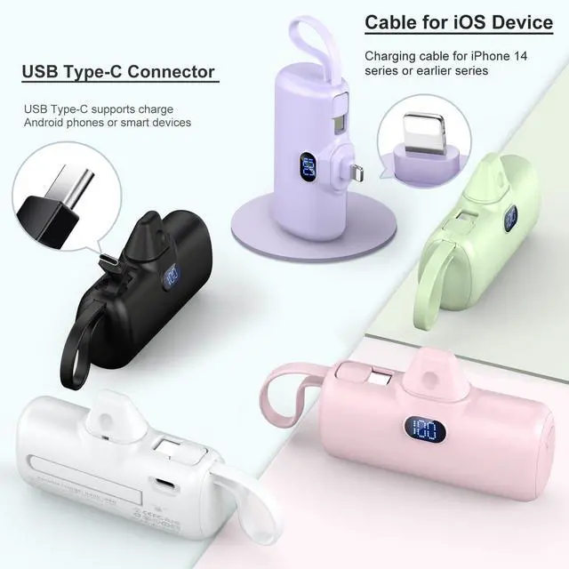 Alt view image 3 of 7 - Mini Portable Charger for iPhone, 5000mAh Power Bank, Dual Charging with USB C Cable, LED Display Battery Pack, Backup Charger, Travel Essentials compatible With iPhone 14 /13/12/11 series & Android