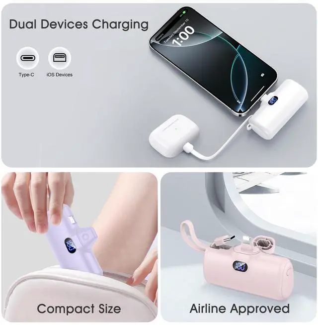 Alt view image 5 of 7 - Mini Portable Charger for iPhone, 5000mAh Power Bank, Dual Charging with USB C Cable, LED Display Battery Pack, Backup Charger, Travel Essentials compatible With iPhone 14 /13/12/11 series & Android