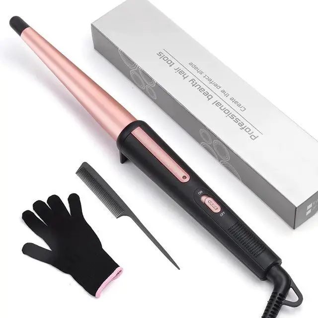 Main image of Hair Curling Wand, 0.5-1Inch Tapered Curling Iron, Professional Ceramic Hair Curler Wand with Heat-Resistant Glove, Dual Voltage (Pink)