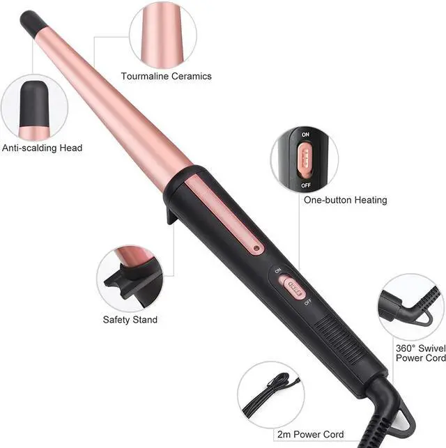 Alt view image 2 of 7 - Hair Curling Wand, 0.5-1Inch Tapered Curling Iron, Professional Ceramic Hair Curler Wand with Heat-Resistant Glove, Dual Voltage (Pink)