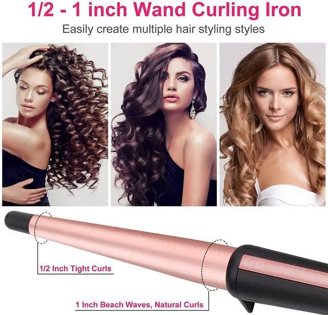 Alt view image 3 of 7 - Hair Curling Wand, 0.5-1Inch Tapered Curling Iron, Professional Ceramic Hair Curler Wand with Heat-Resistant Glove, Dual Voltage (Pink)