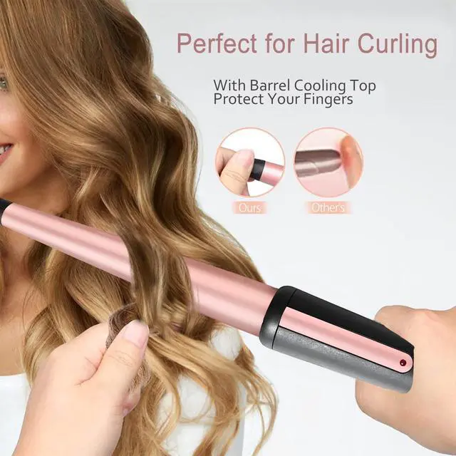 Alt view image 5 of 7 - Hair Curling Wand, 0.5-1Inch Tapered Curling Iron, Professional Ceramic Hair Curler Wand with Heat-Resistant Glove, Dual Voltage (Pink)