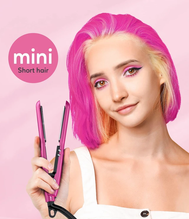 Alt view image 2 of 6 - Mini Flat Iron Adjustable Temperature, Travel-Size Mini Hair Straightener, Small Flat Irons for Short Hair/Curls Bangs, Ceramic Portable Tiny Hair Curler, Dual Voltage, Auto-Off, Pink, 1/2''