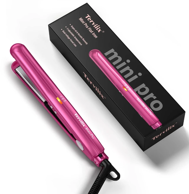 Main image of Mini Flat Iron Adjustable Temperature, Travel-Size Mini Hair Straightener, Small Flat Irons for Short Hair/Curls Bangs, Ceramic Portable Tiny Hair Curler, Dual Voltage, Auto-Off, Pink, 1/2''