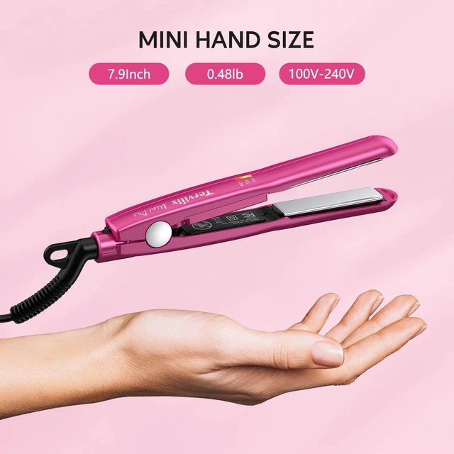 Alt view image 3 of 6 - Mini Flat Iron Adjustable Temperature, Travel-Size Mini Hair Straightener, Small Flat Irons for Short Hair/Curls Bangs, Ceramic Portable Tiny Hair Curler, Dual Voltage, Auto-Off, Pink, 1/2''