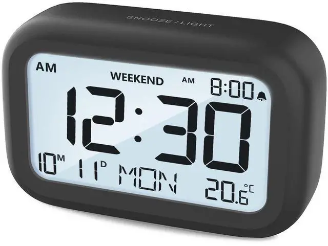 Main image of Digital Alarm Clock Bedside - Battery Powered Clock with LCD Display Volume Adjustable Snooze and Weekend Mode for Bedroom Office Desk Travel - Black