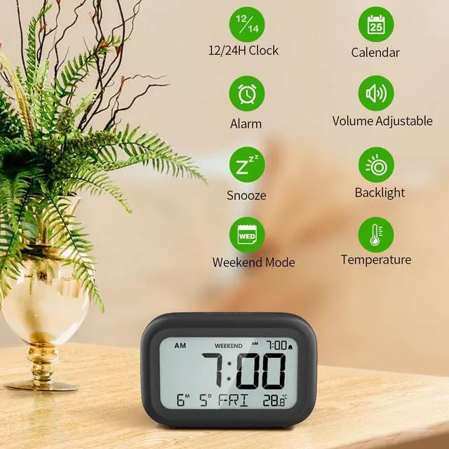 Alt view image 2 of 7 - Digital Alarm Clock Bedside - Battery Powered Clock with LCD Display Volume Adjustable Snooze and Weekend Mode for Bedroom Office Desk Travel - Black