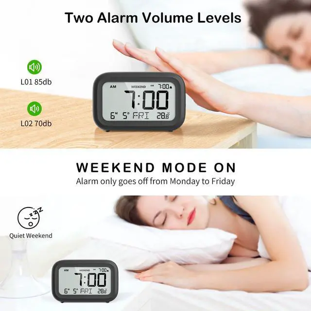 Alt view image 3 of 7 - Digital Alarm Clock Bedside - Battery Powered Clock with LCD Display Volume Adjustable Snooze and Weekend Mode for Bedroom Office Desk Travel - Black