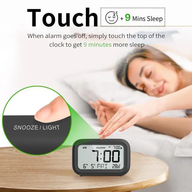 Alt view image 4 of 7 - Digital Alarm Clock Bedside - Battery Powered Clock with LCD Display Volume Adjustable Snooze and Weekend Mode for Bedroom Office Desk Travel - Black
