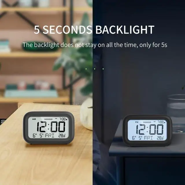 Alt view image 5 of 7 - Digital Alarm Clock Bedside - Battery Powered Clock with LCD Display Volume Adjustable Snooze and Weekend Mode for Bedroom Office Desk Travel - Black