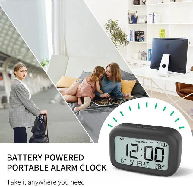 Alt view image 6 of 7 - Digital Alarm Clock Bedside - Battery Powered Clock with LCD Display Volume Adjustable Snooze and Weekend Mode for Bedroom Office Desk Travel - Black