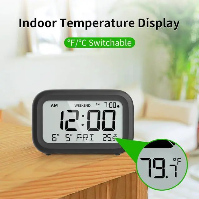 Alt view image 7 of 7 - Digital Alarm Clock Bedside - Battery Powered Clock with LCD Display Volume Adjustable Snooze and Weekend Mode for Bedroom Office Desk Travel - Black