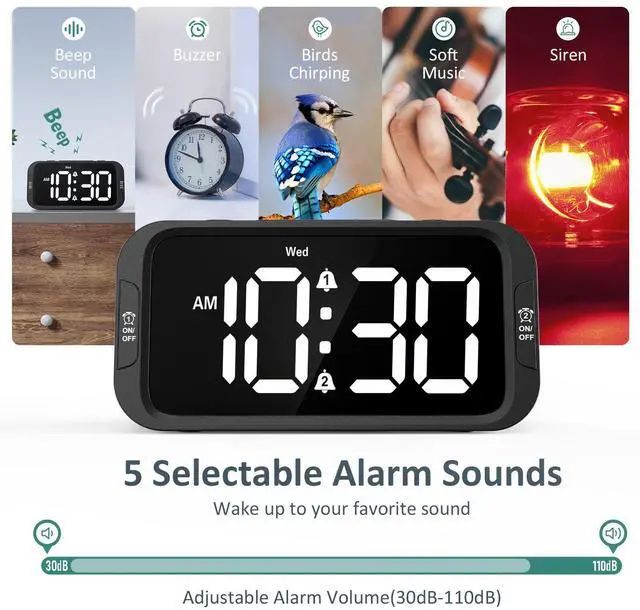 Alt view image 4 of 7 - Odokee Digital Dual Alarm Clock for Bedroom, Easy to Set, 0-100% Dimmer, USB Charger, 5 Sounds Adjustable Volume, Weekday/Weekend Mode, Snooze, 12/24Hr, Battery Backup, Compact Clock for Bedside