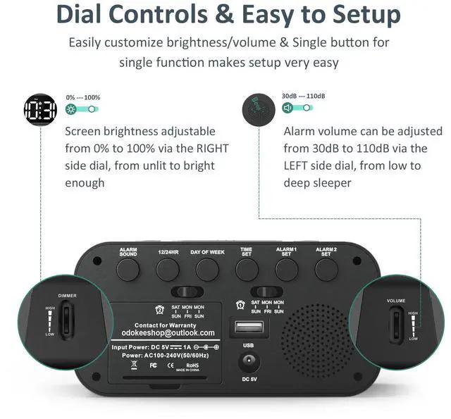 Alt view image 2 of 7 - Odokee Digital Dual Alarm Clock for Bedroom, Easy to Set, 0-100% Dimmer, USB Charger, 5 Sounds Adjustable Volume, Weekday/Weekend Mode, Snooze, 12/24Hr, Battery Backup, Compact Clock for Bedside