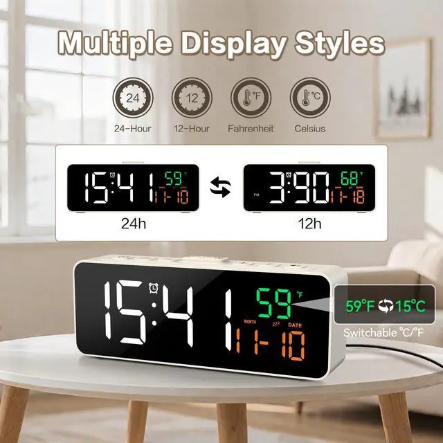 Alt view image 2 of 7 - Netzu 3-in-1 Small Digital Clocks for Living Room with Temperature, Date & Time Display - 4 Levels Birghtness, 3 Volumes, Compact Plug-in Alarm Clock for Bedroom, Office (White)