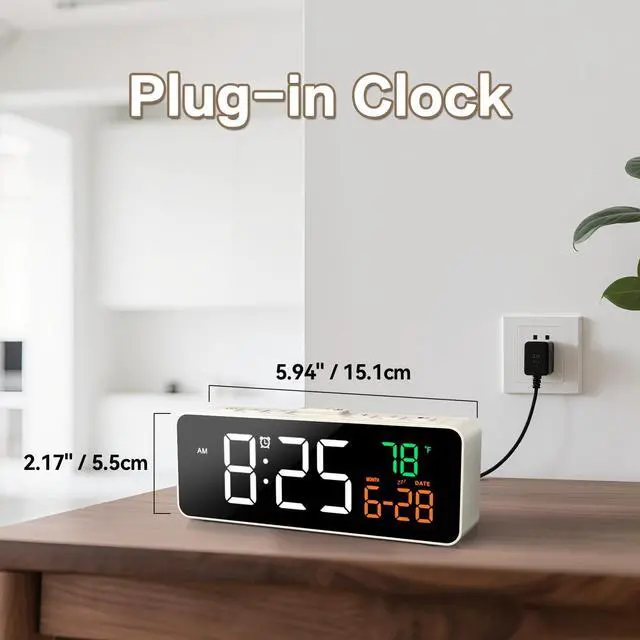 Alt view image 4 of 7 - Netzu 3-in-1 Small Digital Clocks for Living Room with Temperature, Date & Time Display - 4 Levels Birghtness, 3 Volumes, Compact Plug-in Alarm Clock for Bedroom, Office (White)