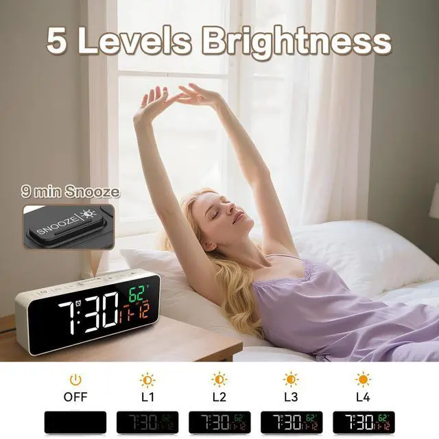 Alt view image 5 of 7 - Netzu 3-in-1 Small Digital Clocks for Living Room with Temperature, Date & Time Display - 4 Levels Birghtness, 3 Volumes, Compact Plug-in Alarm Clock for Bedroom, Office (White)