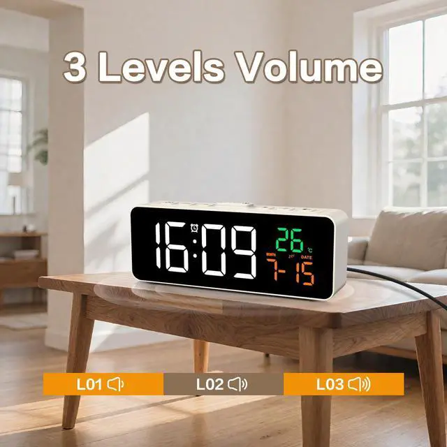 Alt view image 7 of 7 - Netzu 3-in-1 Small Digital Clocks for Living Room with Temperature, Date & Time Display - 4 Levels Birghtness, 3 Volumes, Compact Plug-in Alarm Clock for Bedroom, Office (White)