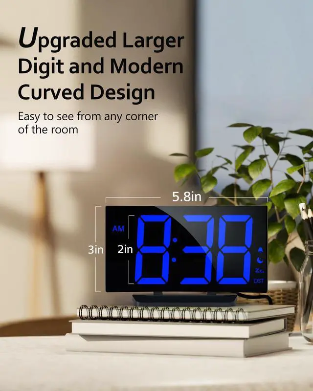 Alt view image 2 of 7 - GOLOZA Digital Alarm Clock for Bedrooms, Digital Clock with Modern Curved Design, Conspicuous Blue LED Numbers, 5 Levels Brightness+Off, 2 Volume, 3 Alarm Tones, Snooze, Power-Off Memory, 12/24H