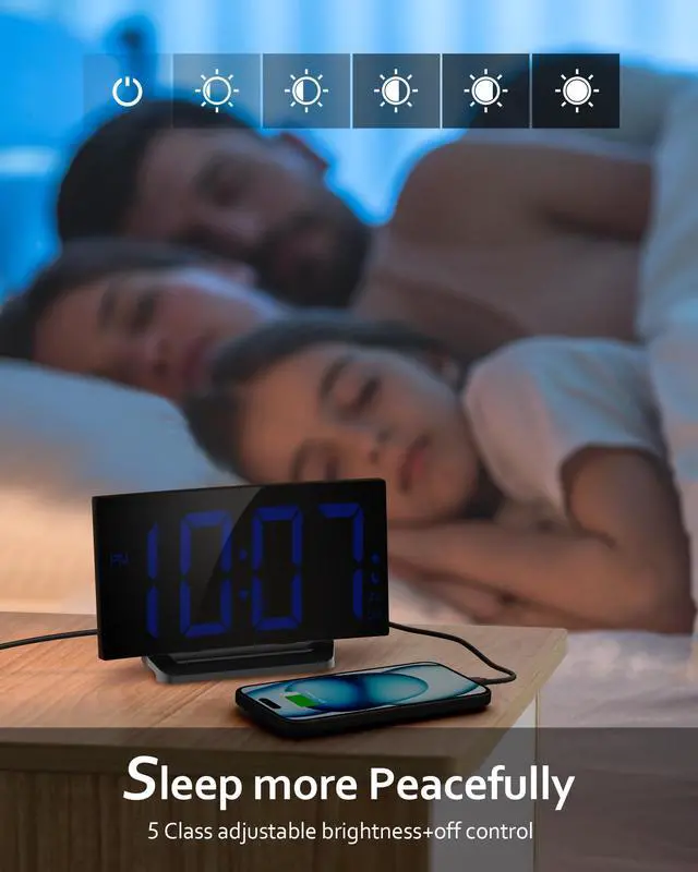 Alt view image 4 of 7 - GOLOZA Digital Alarm Clock for Bedrooms, Digital Clock with Modern Curved Design, Conspicuous Blue LED Numbers, 5 Levels Brightness+Off, 2 Volume, 3 Alarm Tones, Snooze, Power-Off Memory, 12/24H