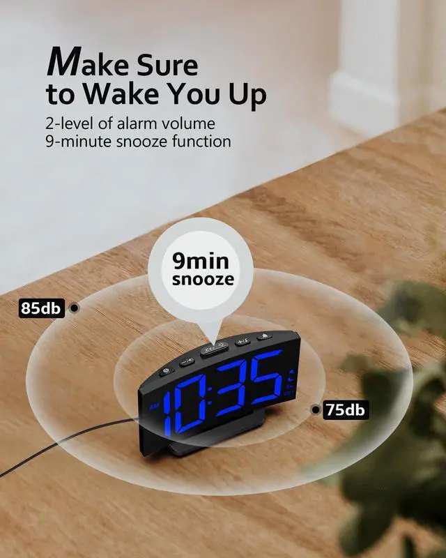 Alt view image 5 of 7 - GOLOZA Digital Alarm Clock for Bedrooms, Digital Clock with Modern Curved Design, Conspicuous Blue LED Numbers, 5 Levels Brightness+Off, 2 Volume, 3 Alarm Tones, Snooze, Power-Off Memory, 12/24H