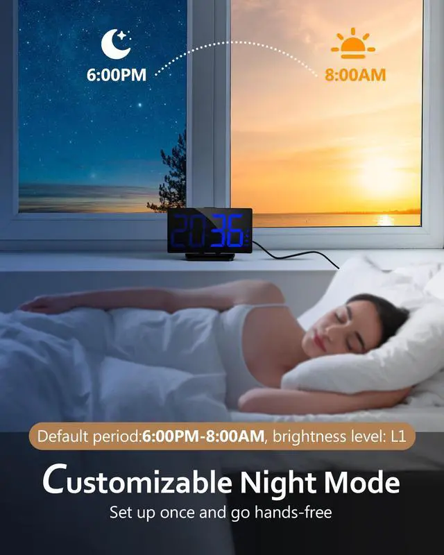 Alt view image 6 of 7 - GOLOZA Digital Alarm Clock for Bedrooms, Digital Clock with Modern Curved Design, Conspicuous Blue LED Numbers, 5 Levels Brightness+Off, 2 Volume, 3 Alarm Tones, Snooze, Power-Off Memory, 12/24H