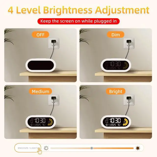 Alt view image 3 of 7 - DOOMAY Digital Alarm Clock for Bedroom: Dual Alarm Bedside Clock VA LCD Display with Seconds, 9-Minute Snooze and Weekend Mode, 3 Brightness, 4 Alarms and 3 Volume LevelsType C & Battery Included
