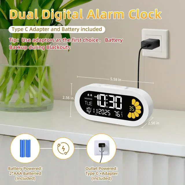 Alt view image 2 of 7 - DOOMAY Digital Alarm Clock for Bedroom: Dual Alarm Bedside Clock VA LCD Display with Seconds, 9-Minute Snooze and Weekend Mode, 3 Brightness, 4 Alarms and 3 Volume LevelsType C & Battery Included