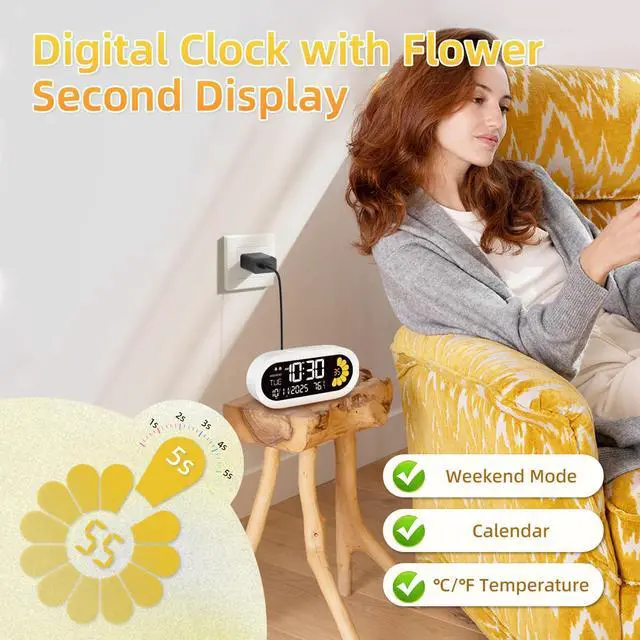 Alt view image 4 of 7 - DOOMAY Digital Alarm Clock for Bedroom: Dual Alarm Bedside Clock VA LCD Display with Seconds, 9-Minute Snooze and Weekend Mode, 3 Brightness, 4 Alarms and 3 Volume LevelsType C & Battery Included