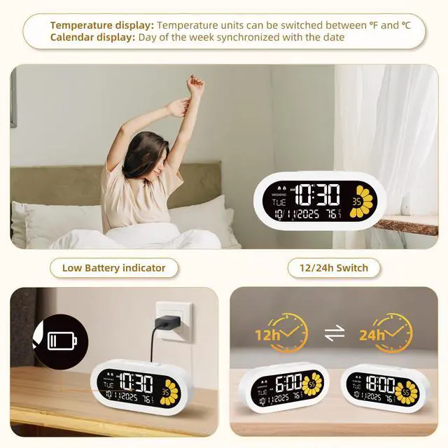 Alt view image 5 of 7 - DOOMAY Digital Alarm Clock for Bedroom: Dual Alarm Bedside Clock VA LCD Display with Seconds, 9-Minute Snooze and Weekend Mode, 3 Brightness, 4 Alarms and 3 Volume LevelsType C & Battery Included
