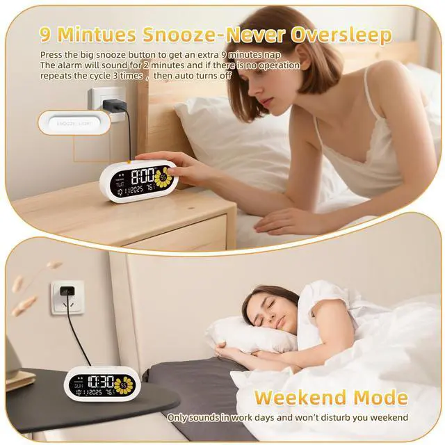Alt view image 6 of 7 - DOOMAY Digital Alarm Clock for Bedroom: Dual Alarm Bedside Clock VA LCD Display with Seconds, 9-Minute Snooze and Weekend Mode, 3 Brightness, 4 Alarms and 3 Volume LevelsType C & Battery Included