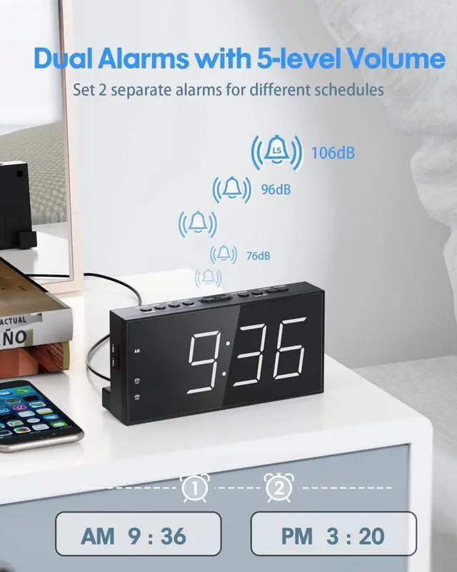 Alt view image 2 of 7 - Alarm Clocks for Bedrooms,Digital Clock with 7.5''Large LED Display,Dual Alarms,USB Charging Port,5 Brightness,5 Volume,Big Snooze,12/24H&DST, Battery Backup, AC Powered Alarm Clock for Kids/Christmas
