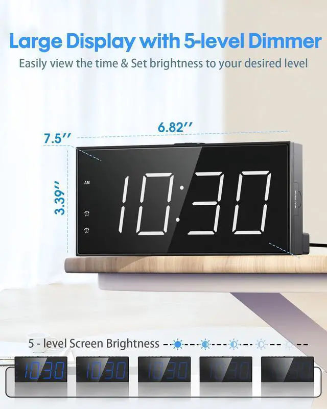 Alt view image 3 of 7 - Alarm Clocks for Bedrooms,Digital Clock with 7.5''Large LED Display,Dual Alarms,USB Charging Port,5 Brightness,5 Volume,Big Snooze,12/24H&DST, Battery Backup, AC Powered Alarm Clock for Kids/Christmas