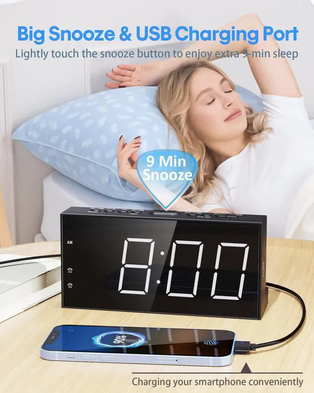 Alt view image 4 of 7 - Alarm Clocks for Bedrooms,Digital Clock with 7.5''Large LED Display,Dual Alarms,USB Charging Port,5 Brightness,5 Volume,Big Snooze,12/24H&DST, Battery Backup, AC Powered Alarm Clock for Kids/Christmas