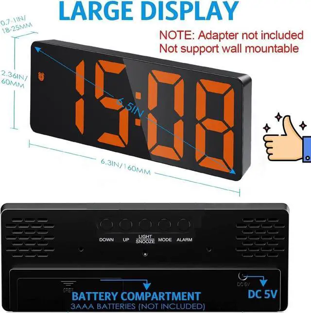 Alt view image 2 of 7 - Digital Alarm Clock, LED Clock for Bedroom, Electronic Desktop Clock with Temperature Display, Adjustable Brightness, Voice Control, 12/24H, 6.3" Large Display for Home, Bedroom, Office