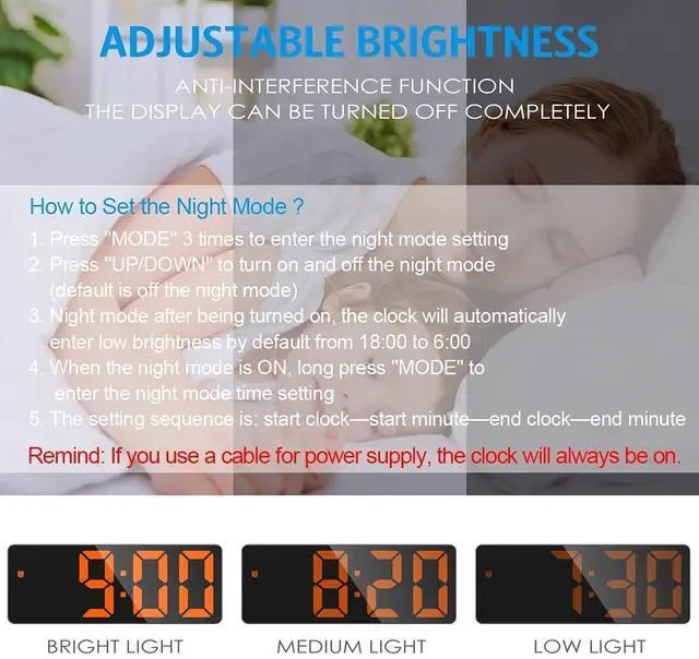 Alt view image 3 of 7 - Digital Alarm Clock, LED Clock for Bedroom, Electronic Desktop Clock with Temperature Display, Adjustable Brightness, Voice Control, 12/24H, 6.3" Large Display for Home, Bedroom, Office