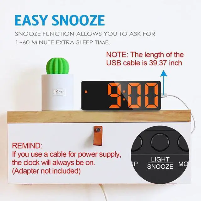 Alt view image 4 of 7 - Digital Alarm Clock, LED Clock for Bedroom, Electronic Desktop Clock with Temperature Display, Adjustable Brightness, Voice Control, 12/24H, 6.3" Large Display for Home, Bedroom, Office