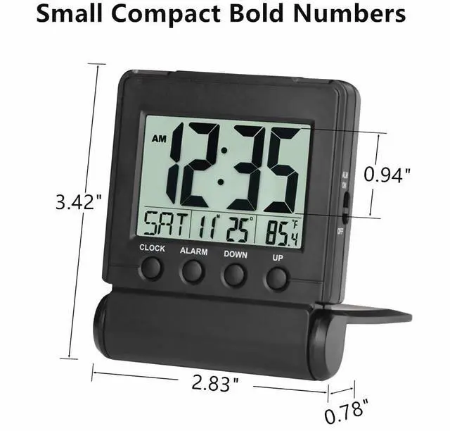 Alt view image 3 of 7 - FAMICOZY Small Folding Digital Travel Alarm Clock with Day/Month/Date/Indoor Temperature,Easy to Read and Set,High/Low Alarm Volume,9 Min Snooze,Backlight on Demand,Bedside Calendar Alarm Clock,Black