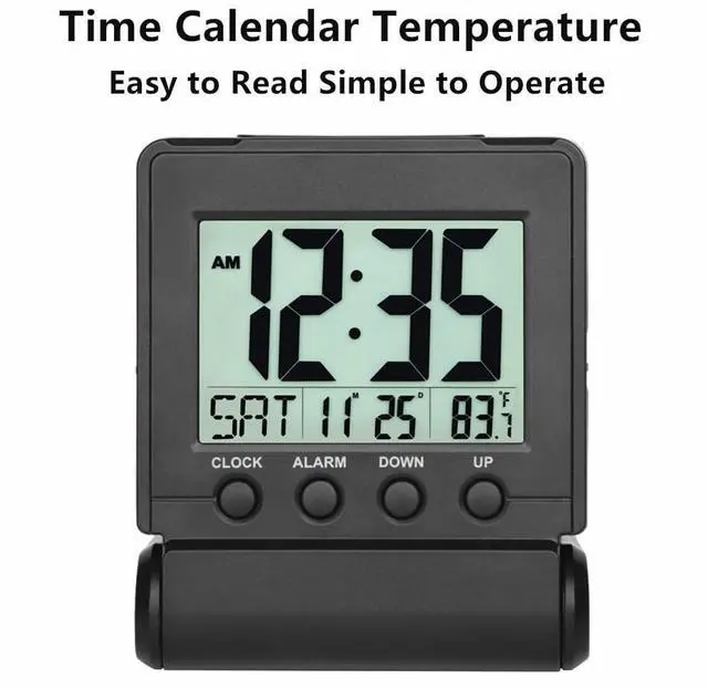 Alt view image 2 of 7 - FAMICOZY Small Folding Digital Travel Alarm Clock with Day/Month/Date/Indoor Temperature,Easy to Read and Set,High/Low Alarm Volume,9 Min Snooze,Backlight on Demand,Bedside Calendar Alarm Clock,Black