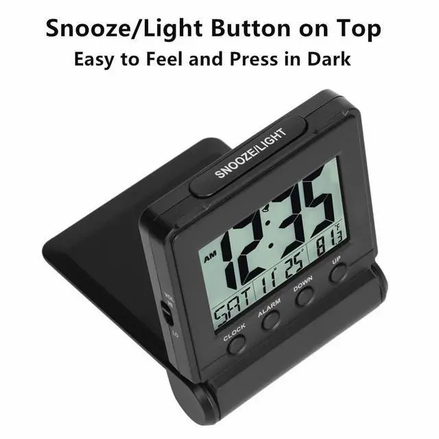 Alt view image 5 of 7 - FAMICOZY Small Folding Digital Travel Alarm Clock with Day/Month/Date/Indoor Temperature,Easy to Read and Set,High/Low Alarm Volume,9 Min Snooze,Backlight on Demand,Bedside Calendar Alarm Clock,Black